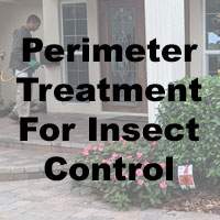 Tech spraying perimeter of home wiht words Perimeter Treatment for Insect Control